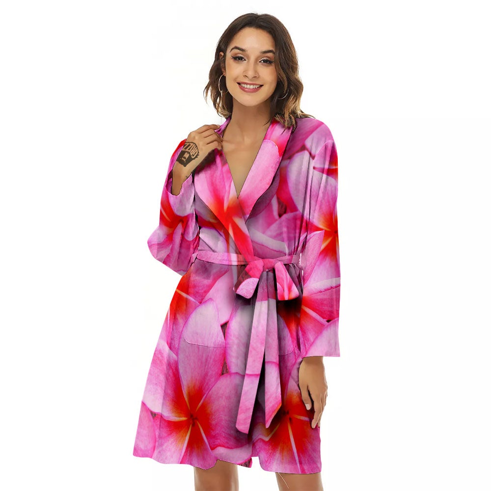 Frangipani Flower Pink Print Women's Robe-grizzshop