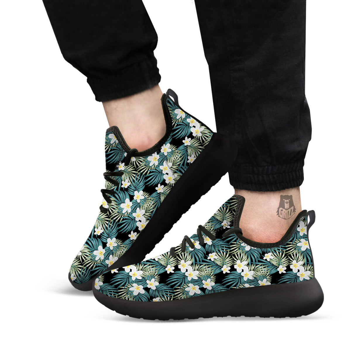 Frangipani Flower Print Pattern Black Athletic Shoes-grizzshop
