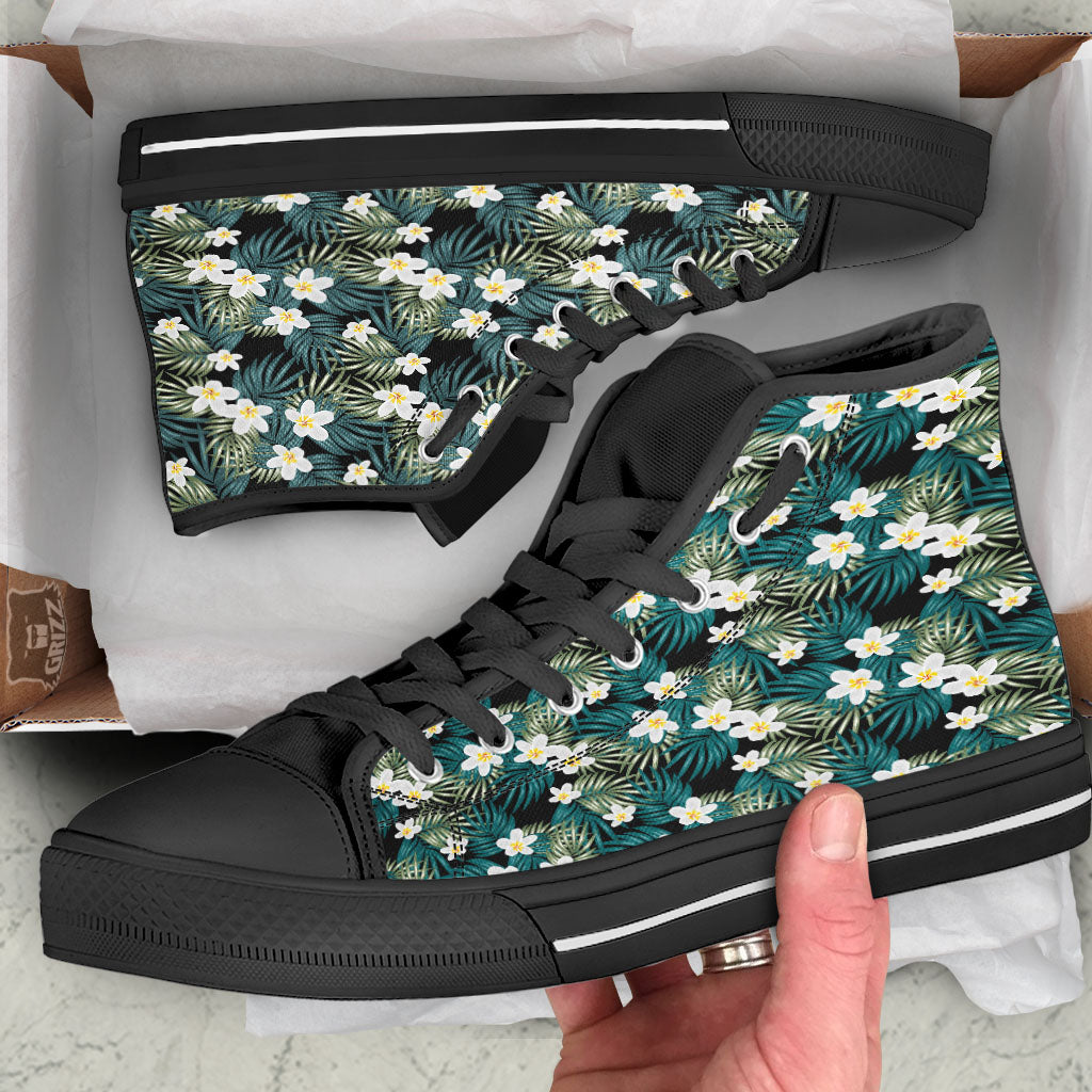 Frangipani Flower Print Pattern Black High Top Shoes-grizzshop