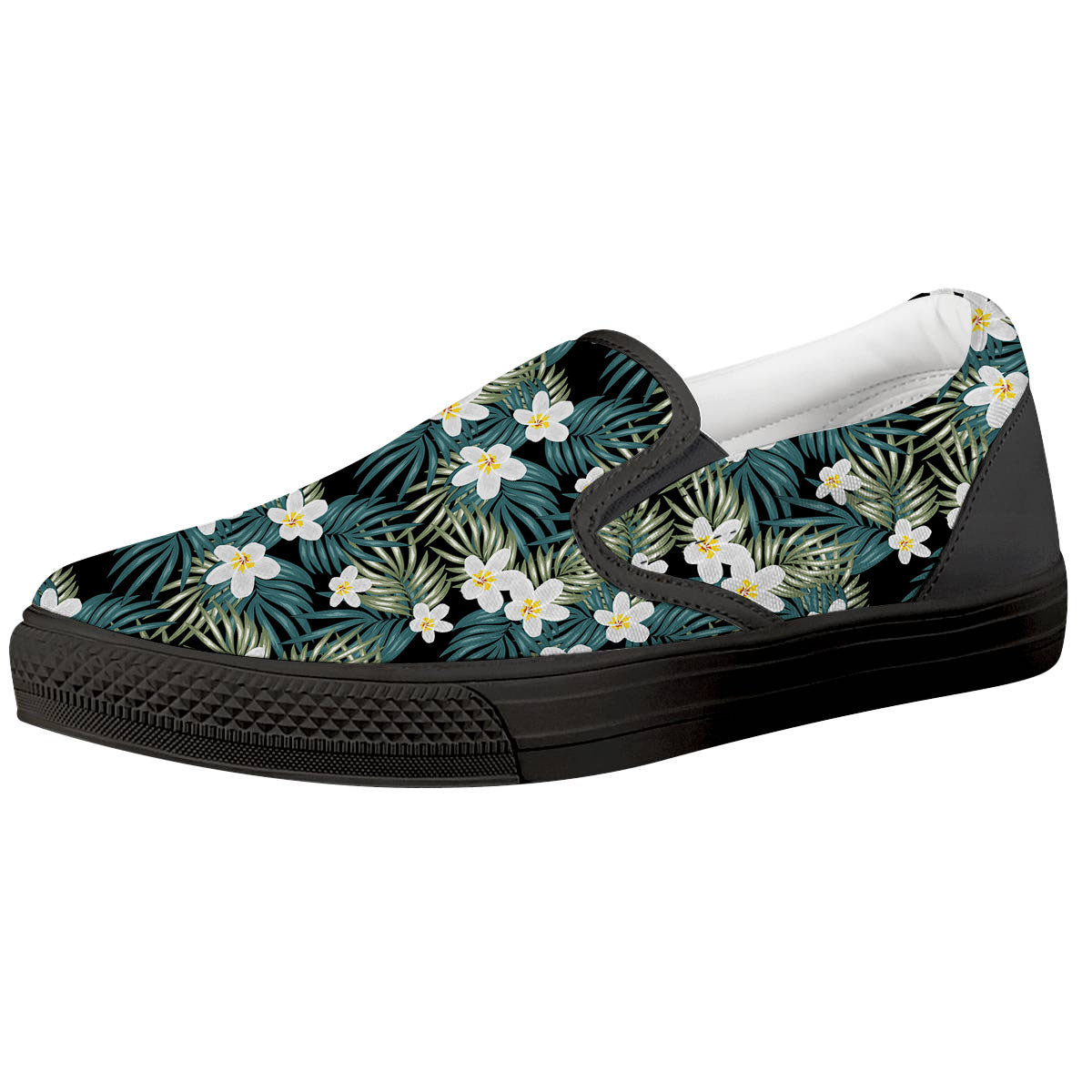 Frangipani Flower Print Pattern Black Slip On Shoes-grizzshop