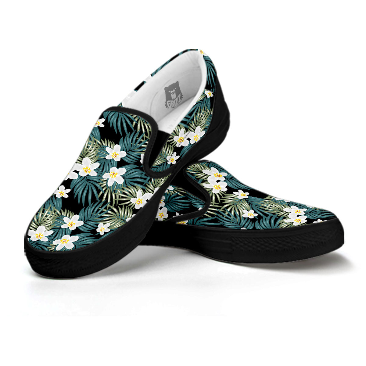 Frangipani Flower Print Pattern Black Slip On Shoes-grizzshop