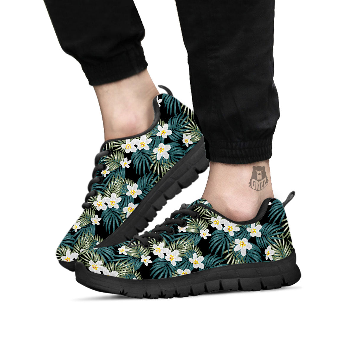 Frangipani Flower Print Pattern Black Sneaker-grizzshop