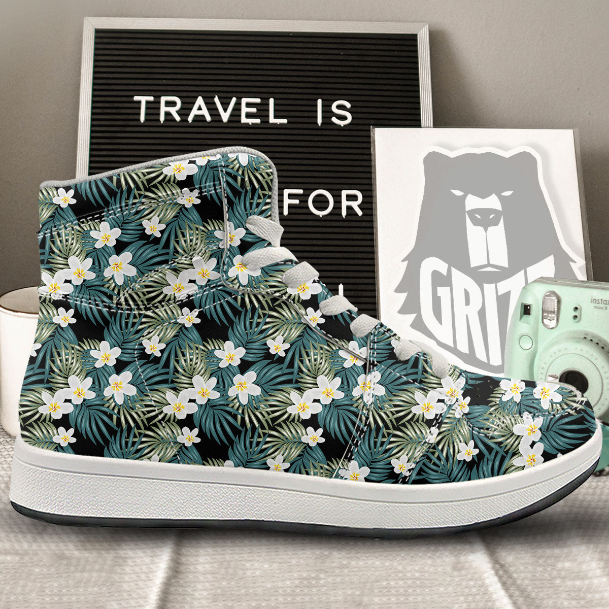 Frangipani Flower Print Pattern High Top Sneakers-grizzshop