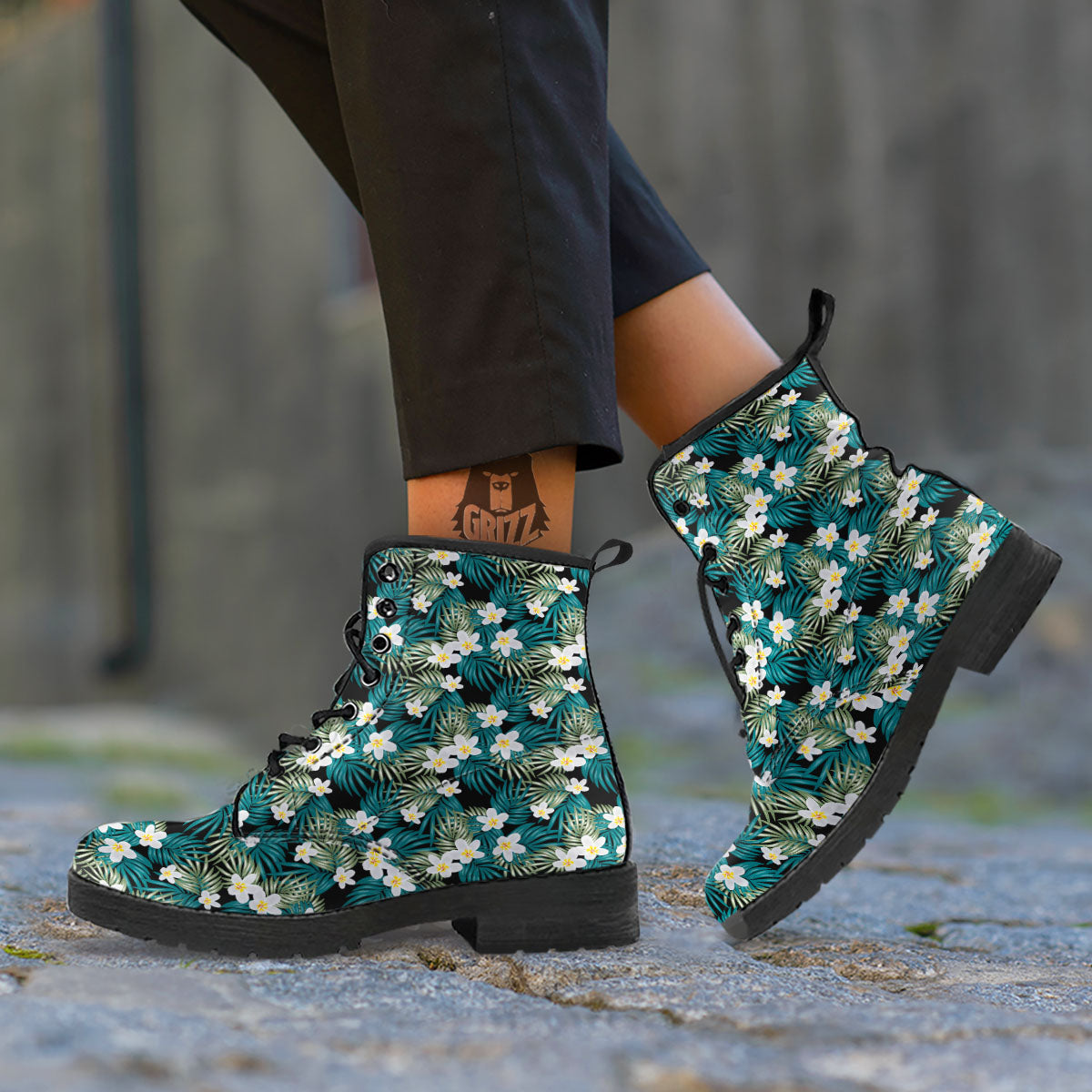 Frangipani Flower Print Pattern Leather Boots-grizzshop