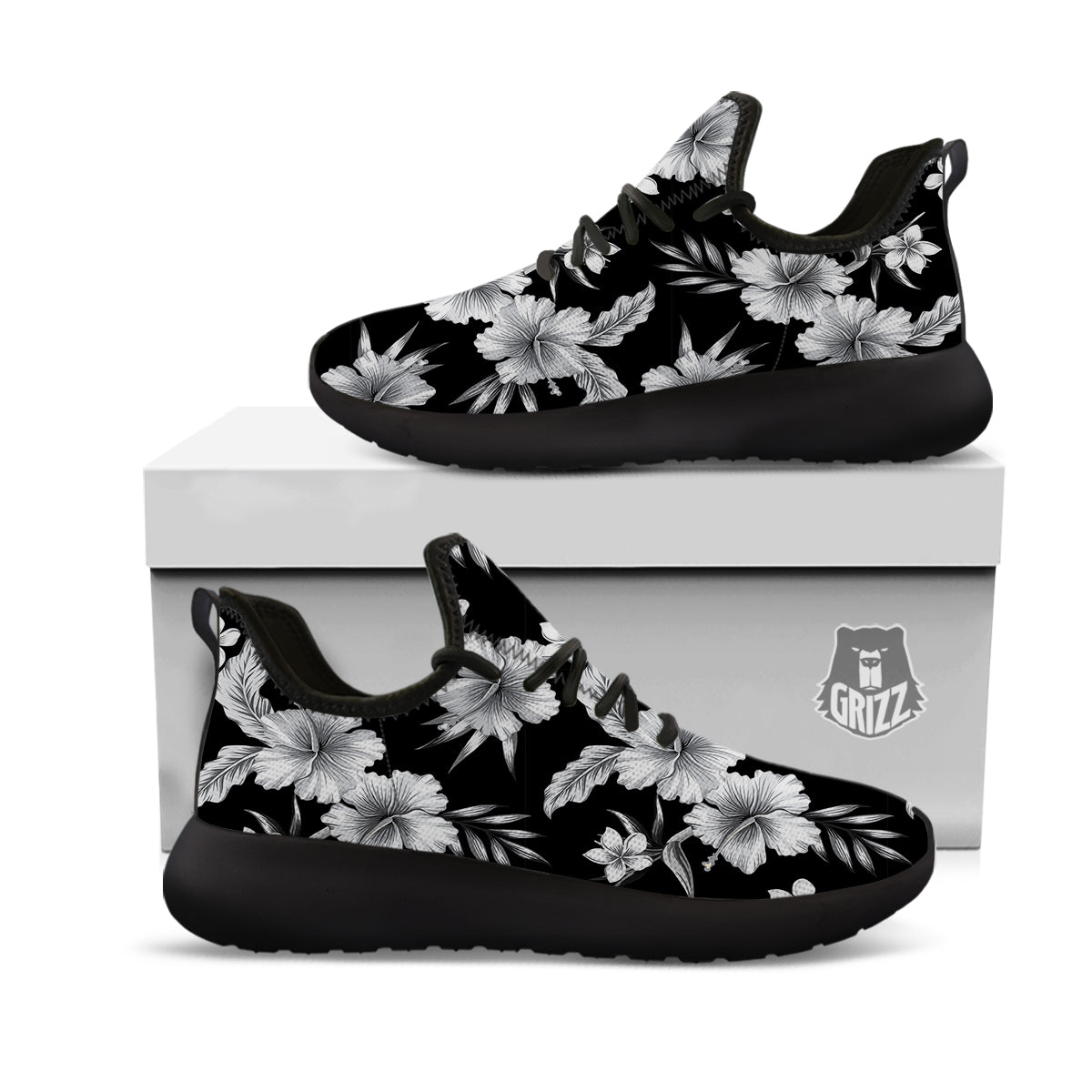 Frangipani White And Black Print Pattern Black Athletic Shoes-grizzshop