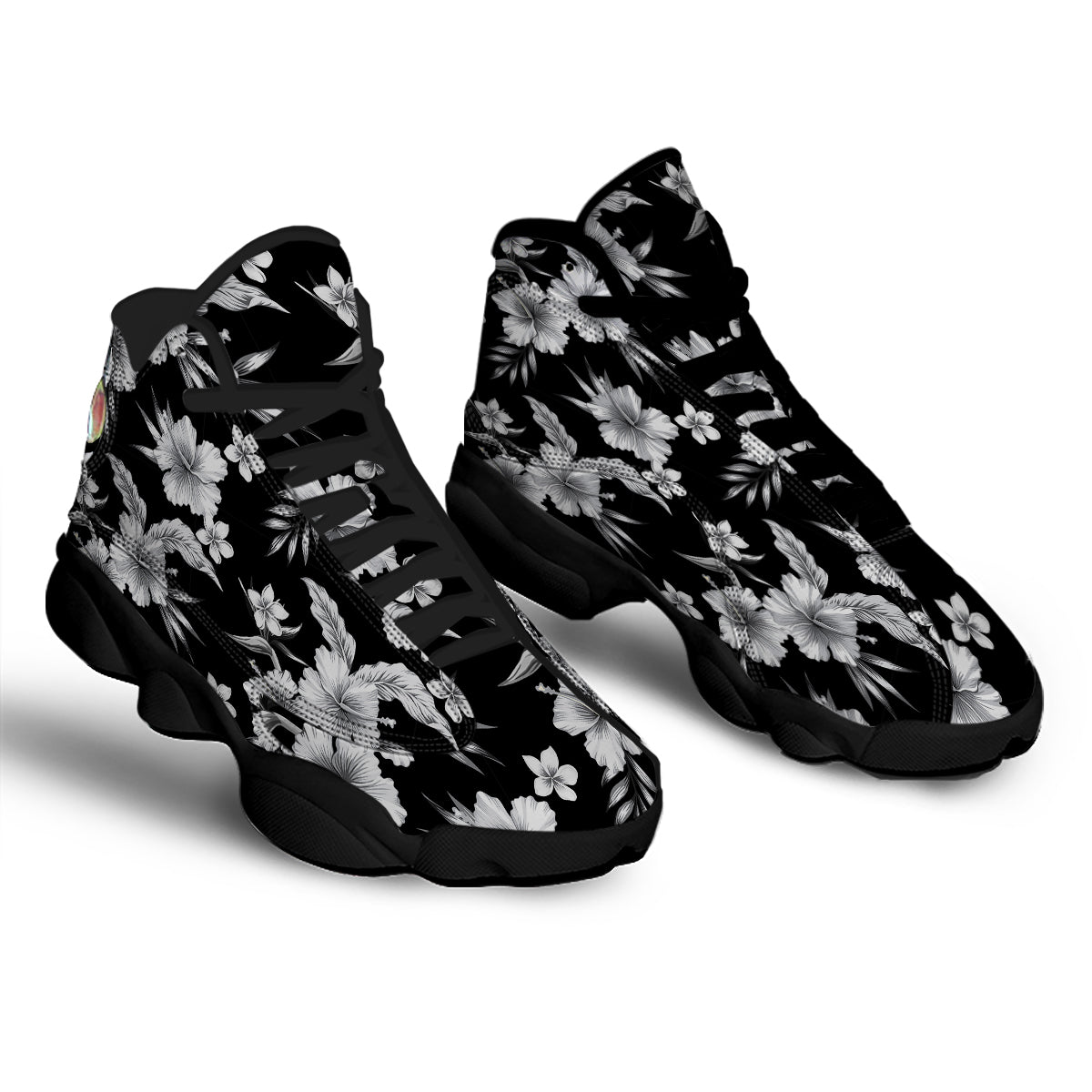 Frangipani White And Black Print Pattern Black Basketball Shoes-grizzshop