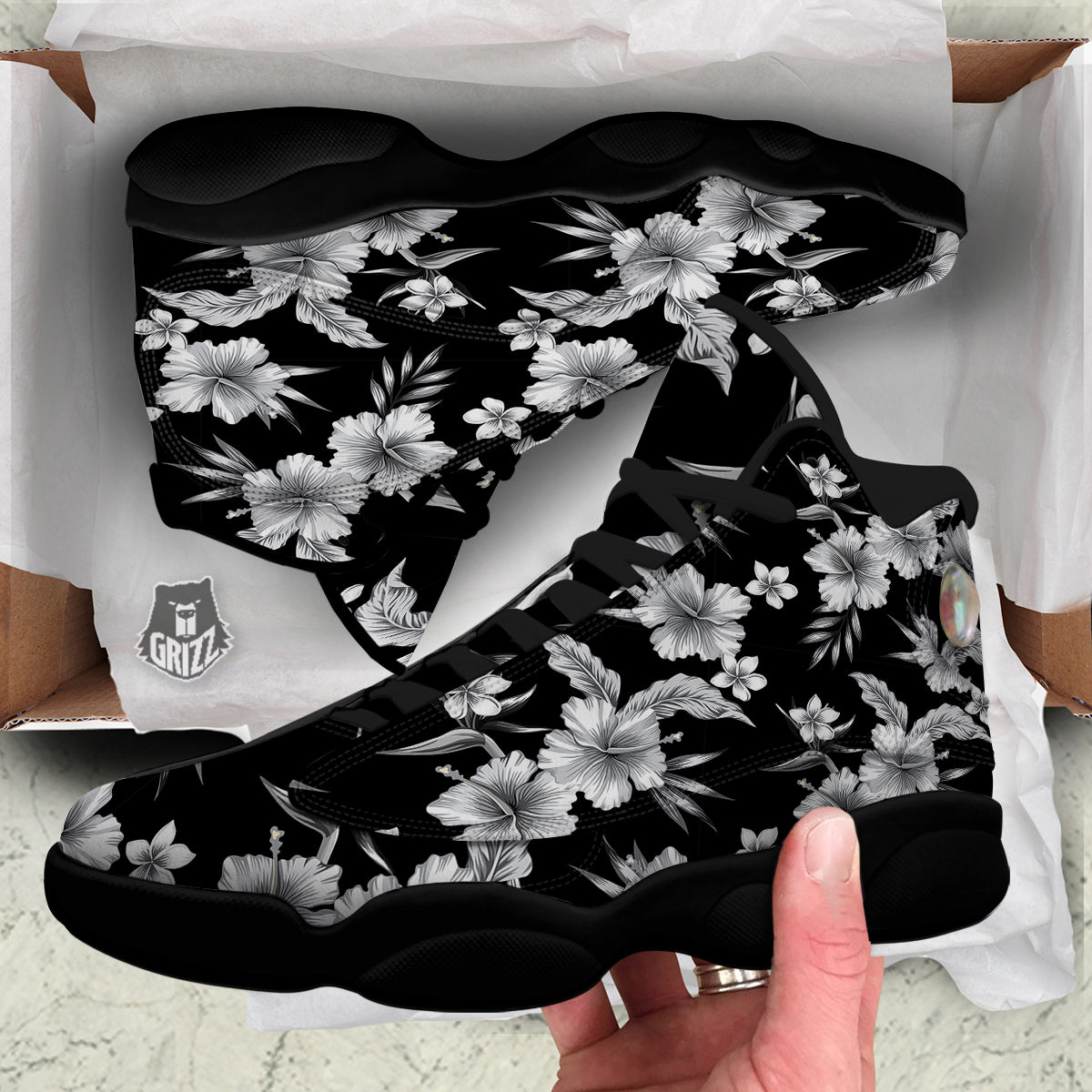 Frangipani White And Black Print Pattern Black Basketball Shoes-grizzshop