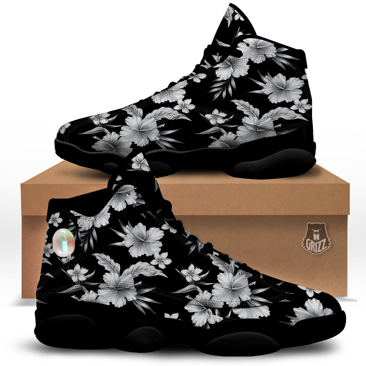 Frangipani White And Black Print Pattern Black Basketball Shoes-grizzshop