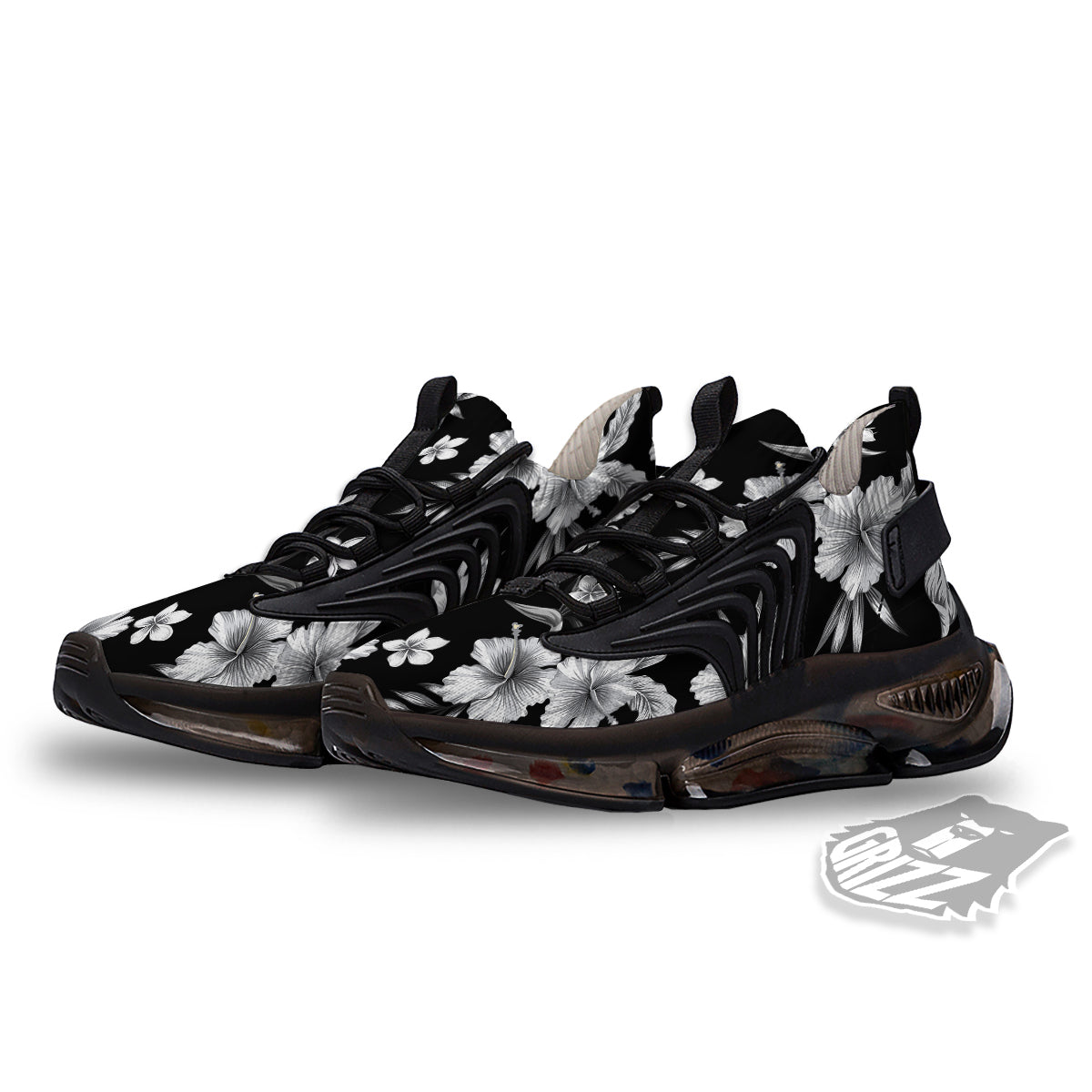 Frangipani White And Black Print Pattern Black Gym Shoes-grizzshop