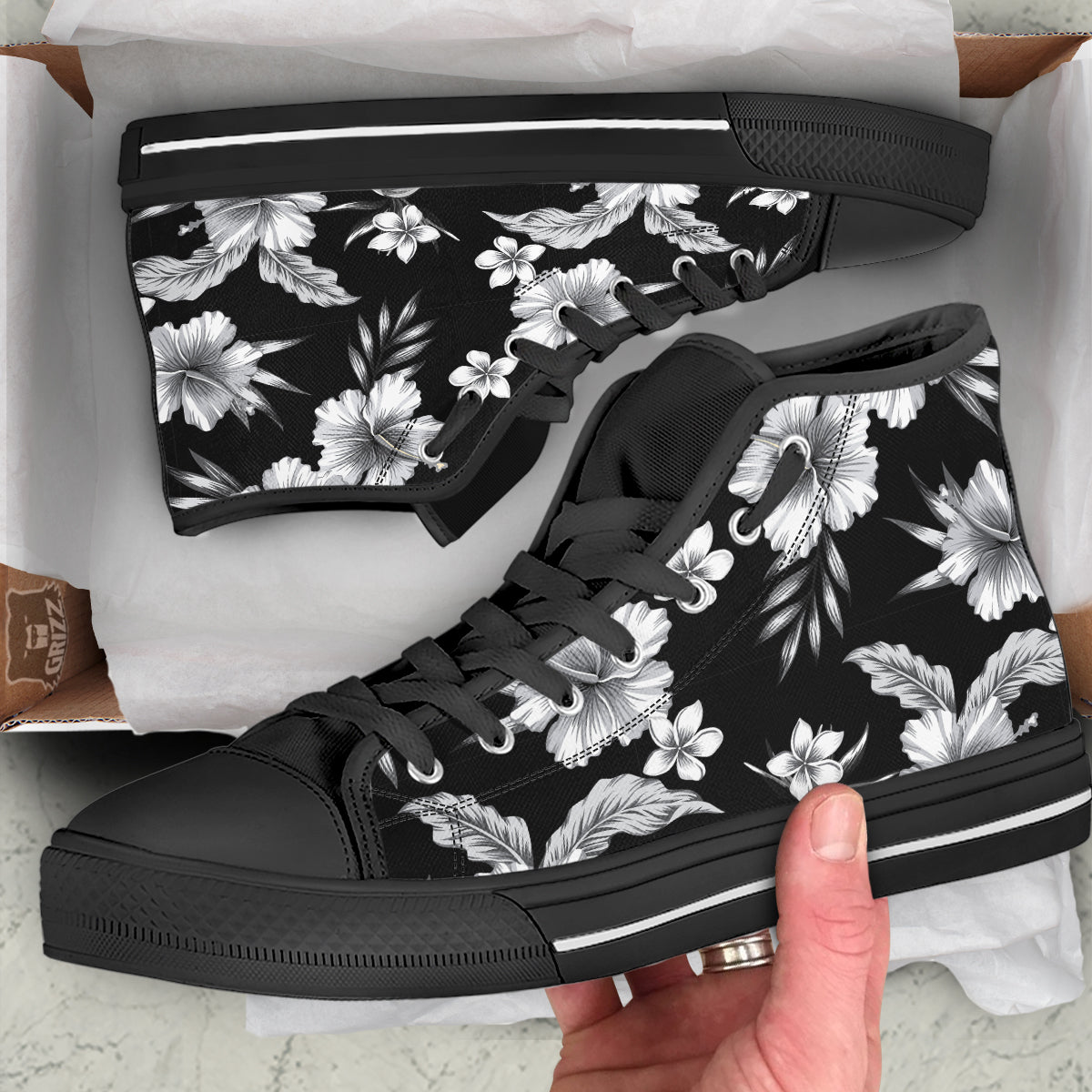 Frangipani White And Black Print Pattern Black High Top Shoes-grizzshop