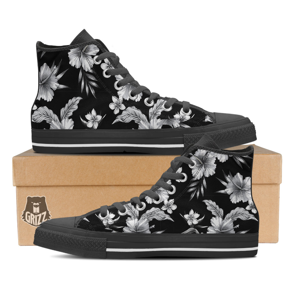 Frangipani White And Black Print Pattern Black High Top Shoes-grizzshop