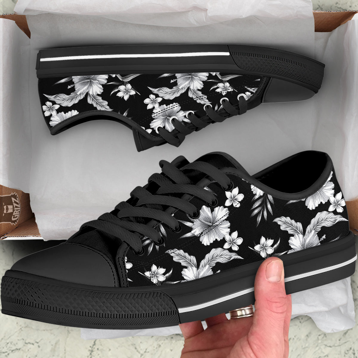 Frangipani White And Black Print Pattern Black Low Top Shoes-grizzshop