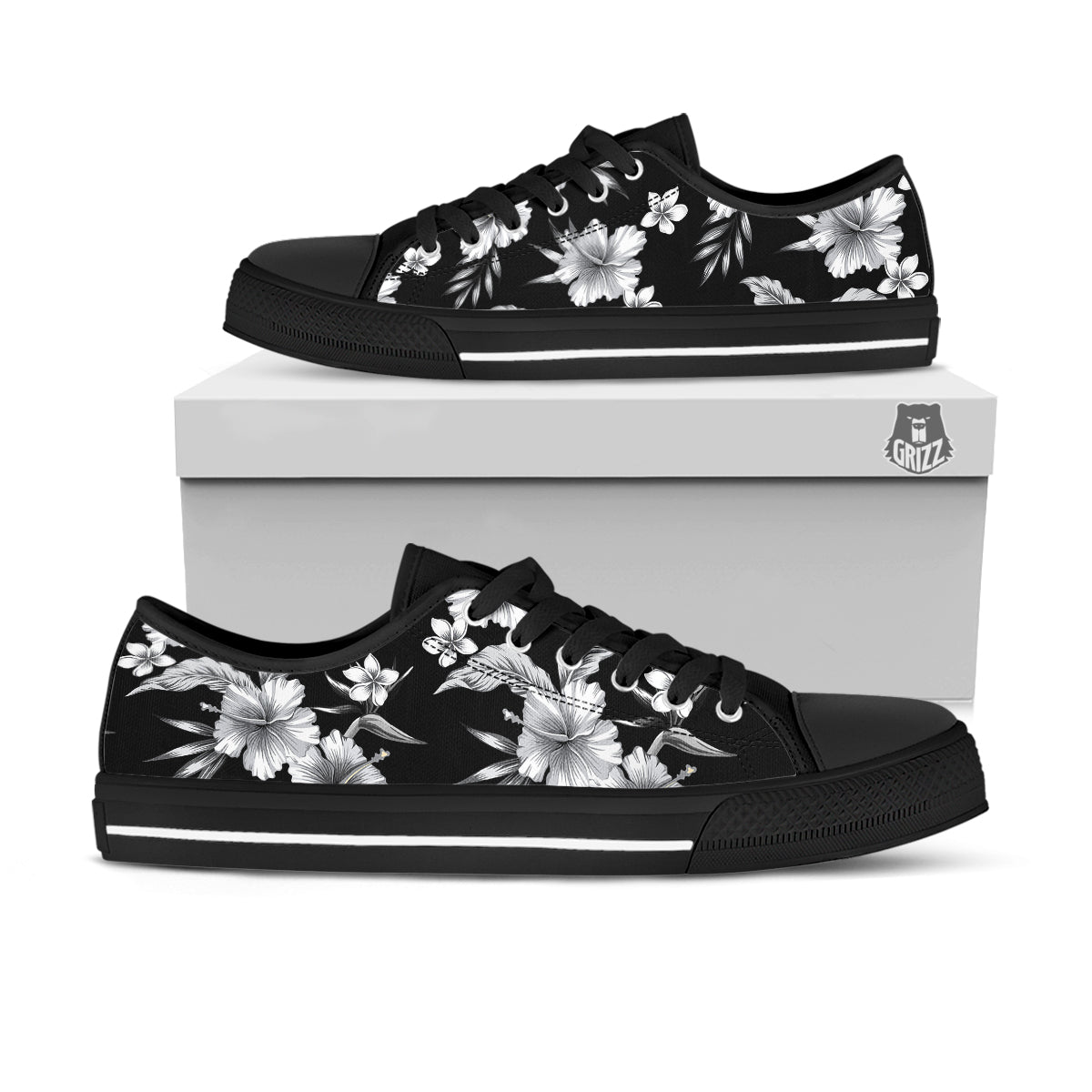 Frangipani White And Black Print Pattern Black Low Top Shoes-grizzshop