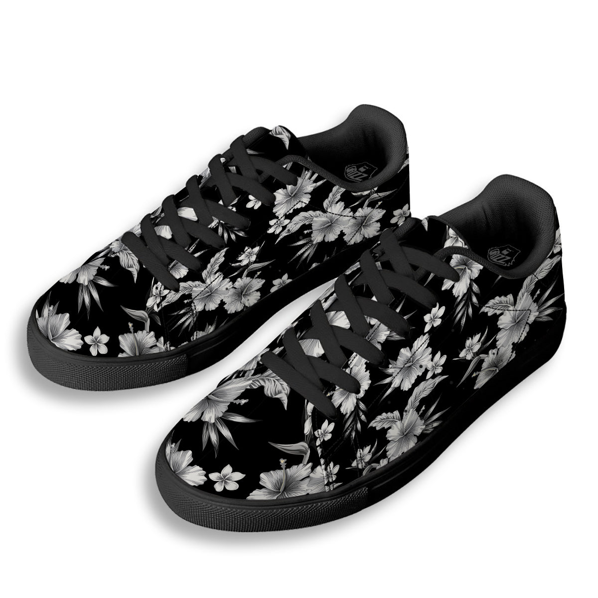 Frangipani White And Black Print Pattern Black Low Top Sneakers-grizzshop