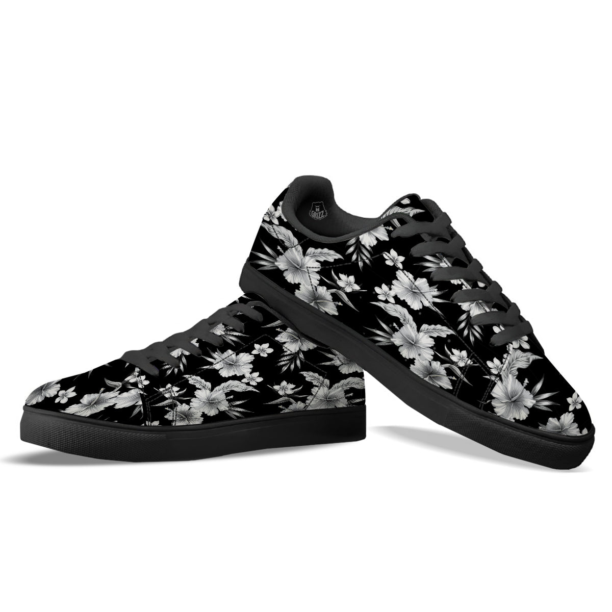 Frangipani White And Black Print Pattern Black Low Top Sneakers-grizzshop