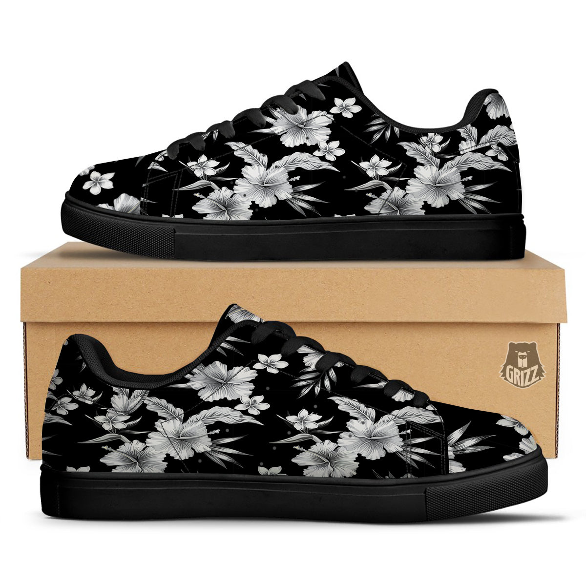 Frangipani White And Black Print Pattern Black Low Top Sneakers-grizzshop