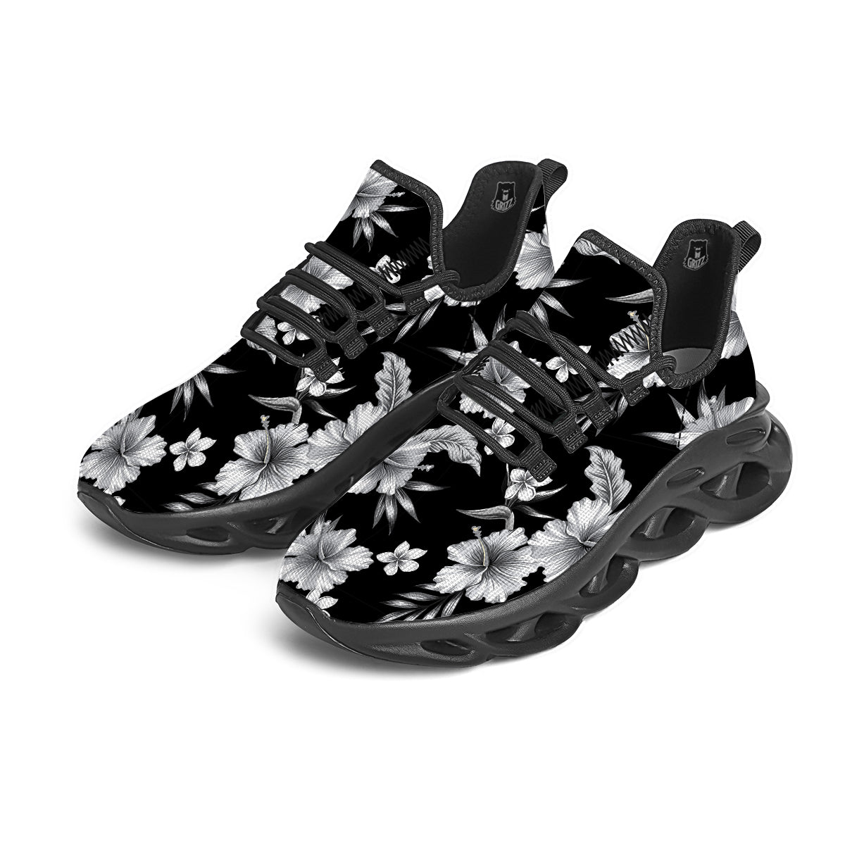 Frangipani White And Black Print Pattern Black Running Shoes-grizzshop