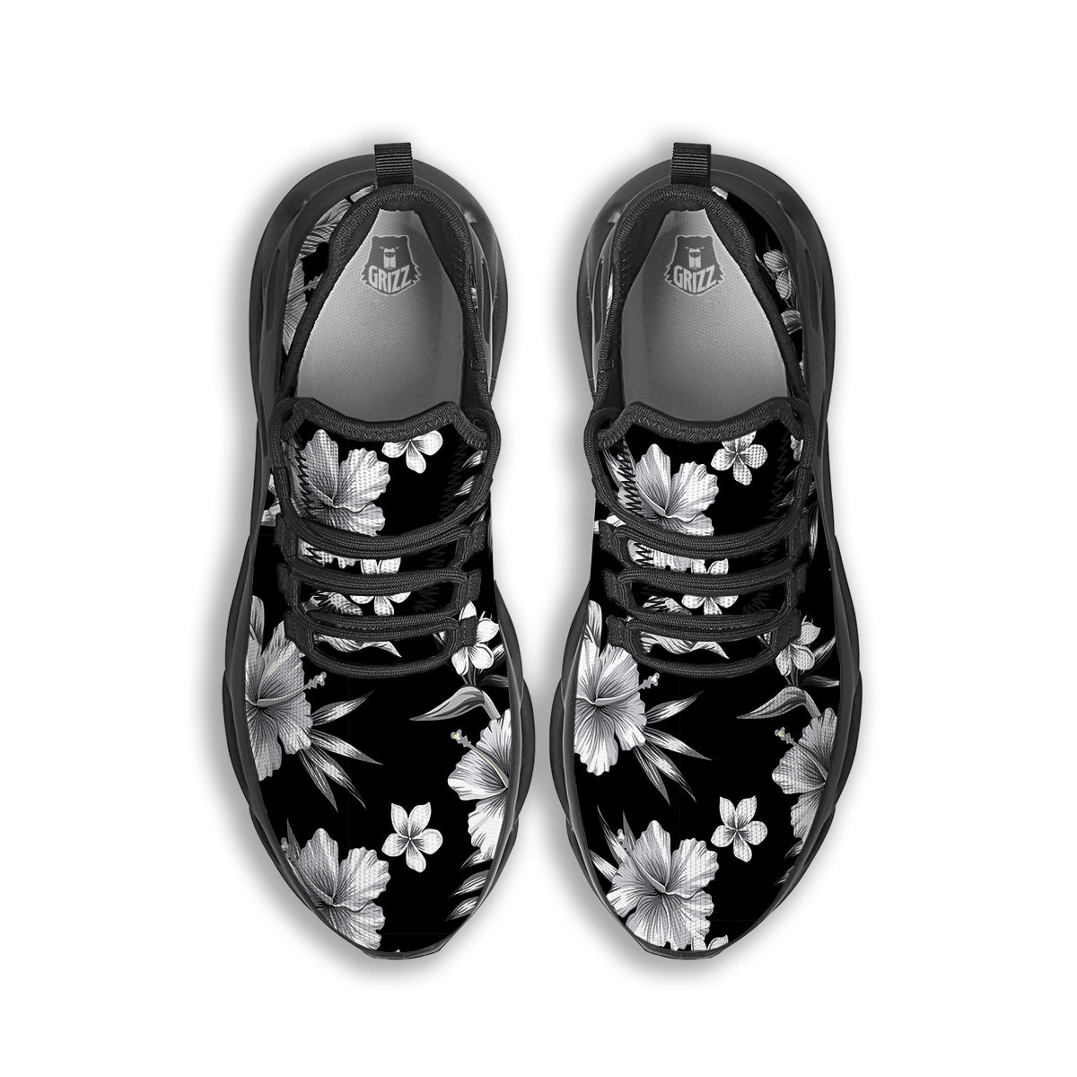 Frangipani White And Black Print Pattern Black Running Shoes-grizzshop