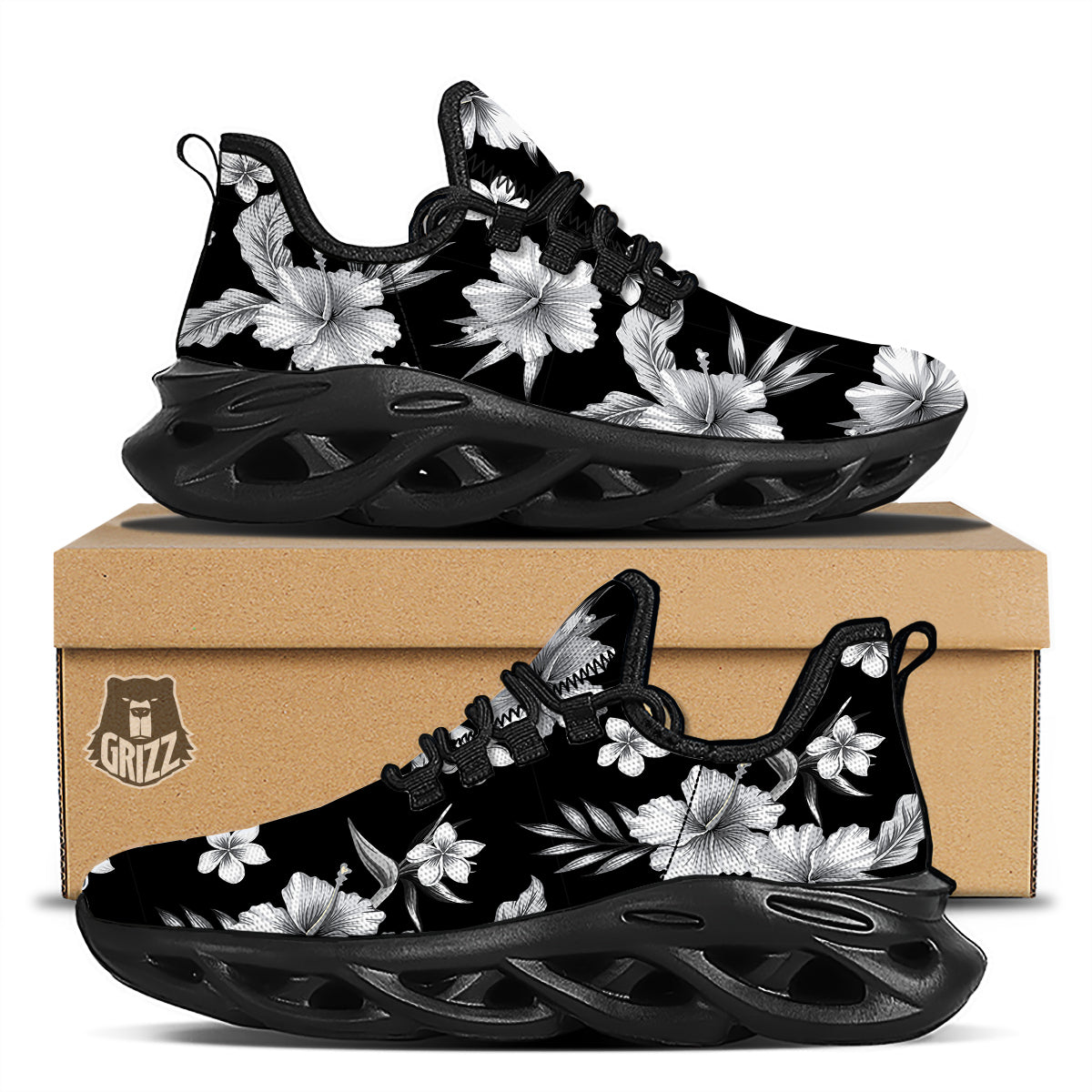 Frangipani White And Black Print Pattern Black Running Shoes-grizzshop