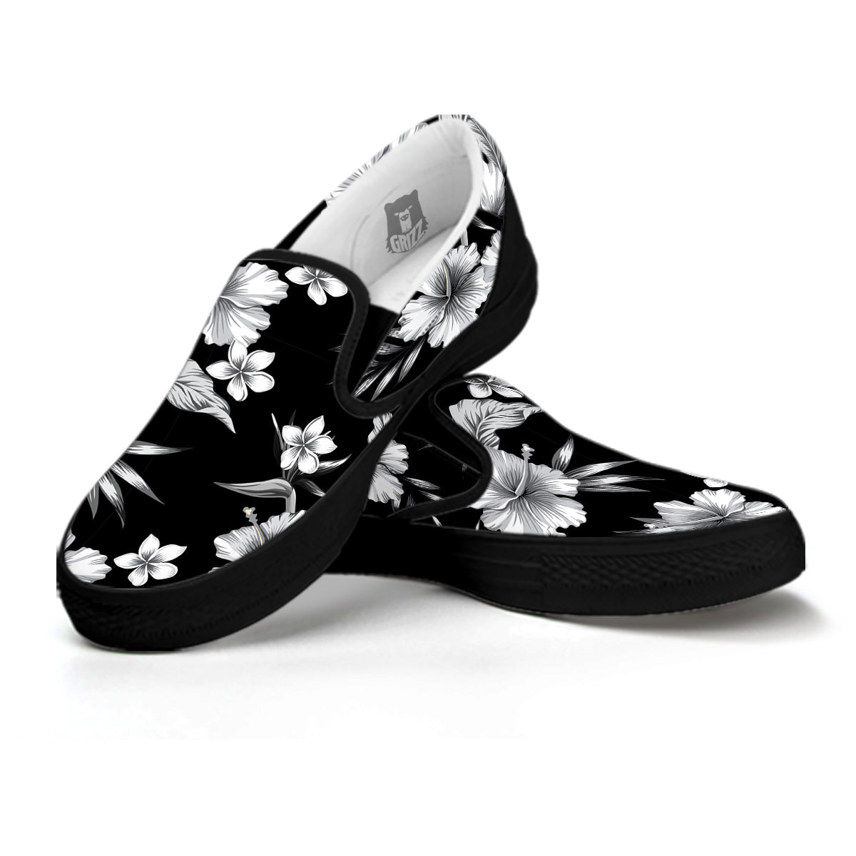 Frangipani White And Black Print Pattern Black Slip On Shoes-grizzshop