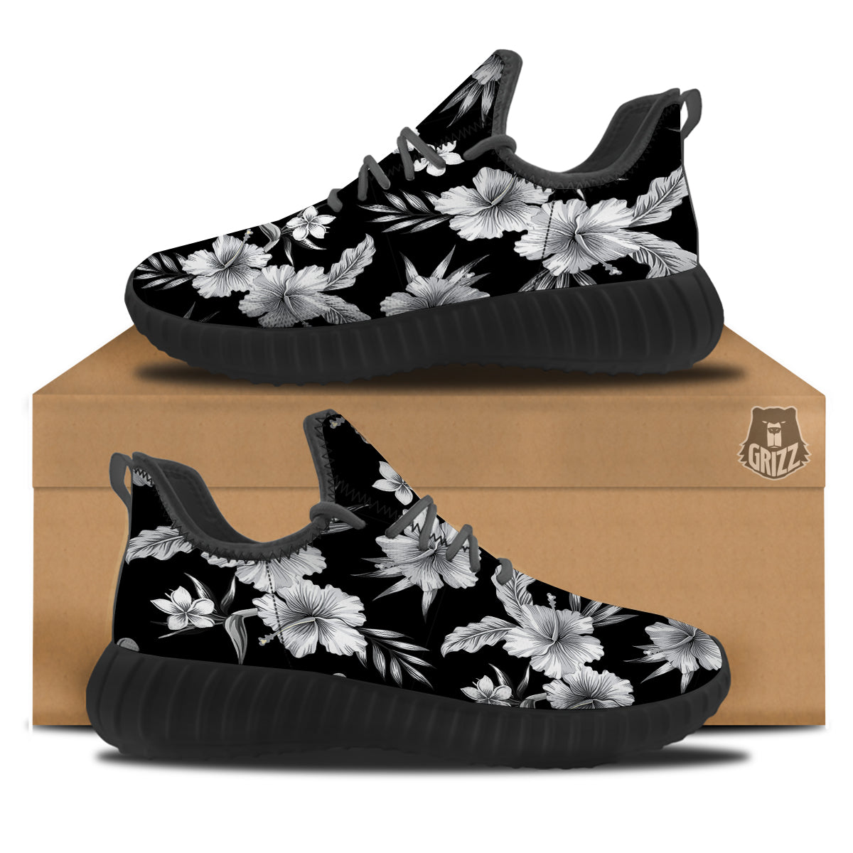 Frangipani White And Black Print Pattern Black Walking Shoes-grizzshop