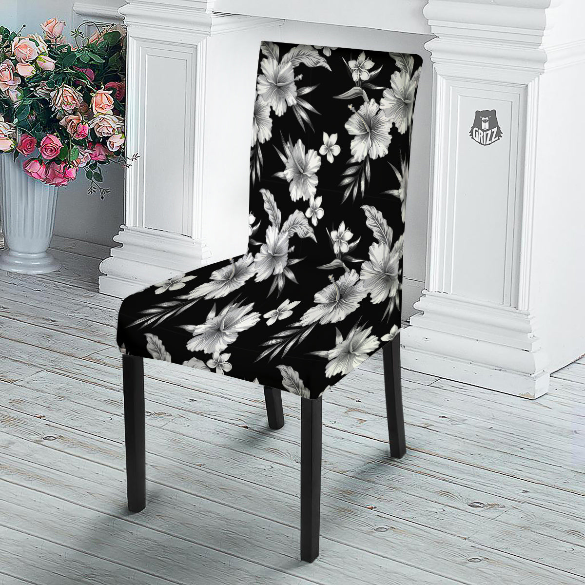 Frangipani White And Black Print Pattern Dining Chair Slipcover-grizzshop