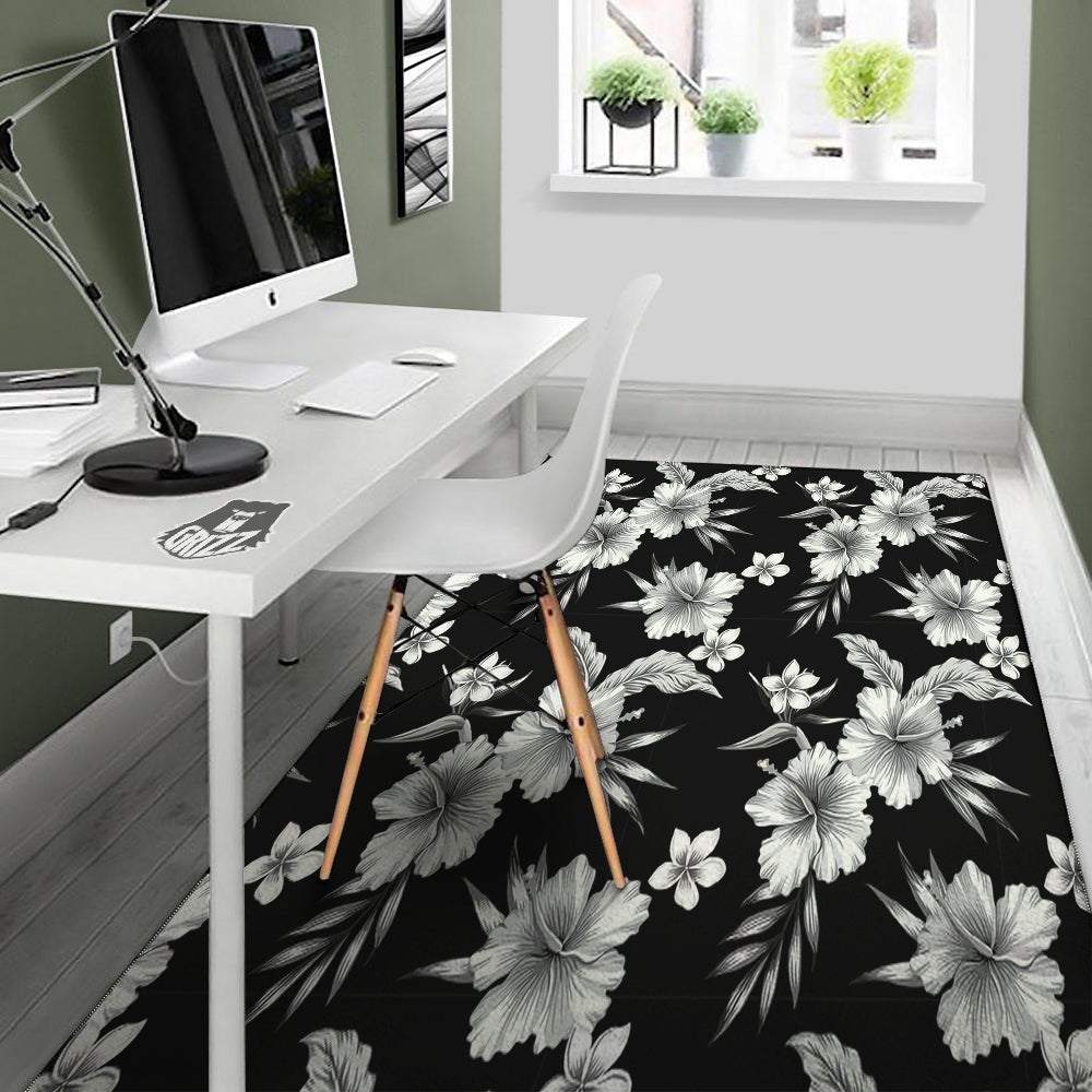 Frangipani White And Black Print Pattern Floor Mat-grizzshop