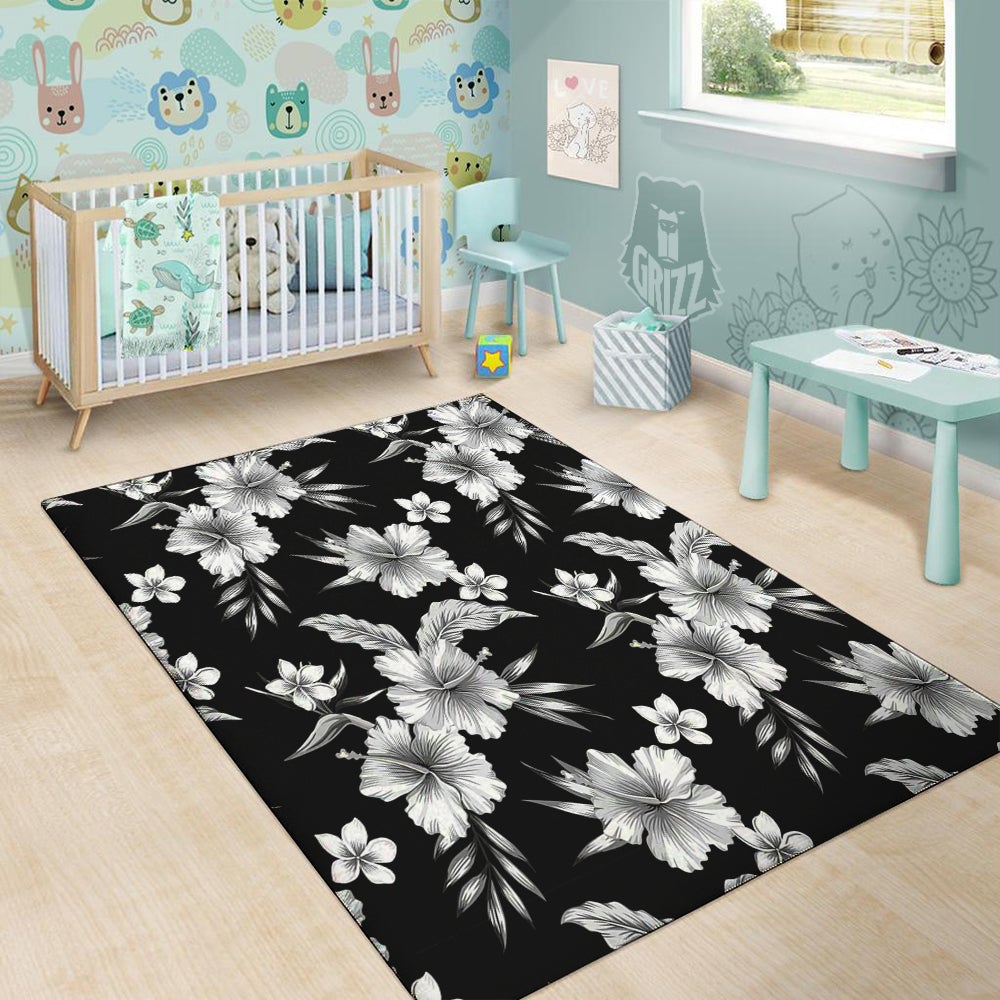 Frangipani White And Black Print Pattern Floor Mat-grizzshop