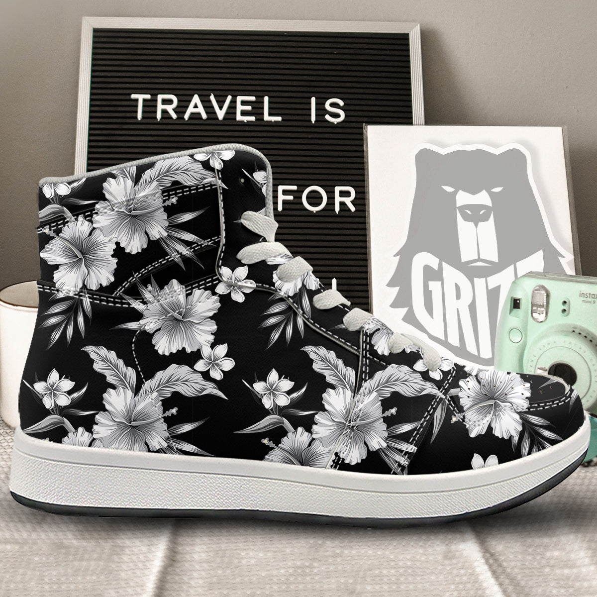 Frangipani White And Black Print Pattern High Top Sneakers-grizzshop