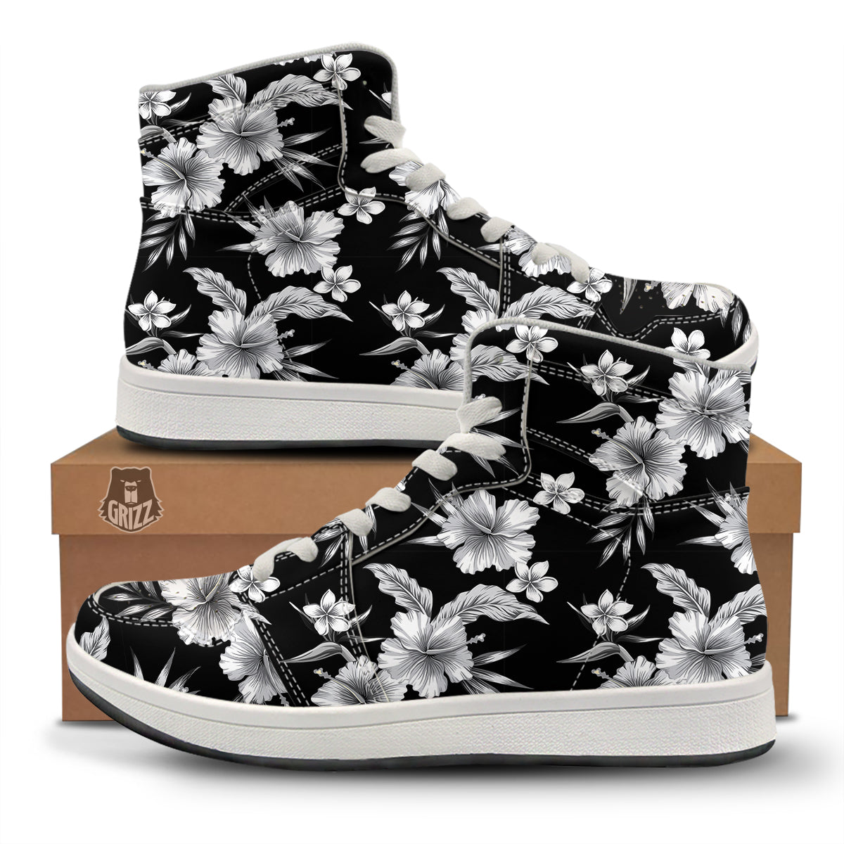 Frangipani White And Black Print Pattern High Top Sneakers-grizzshop