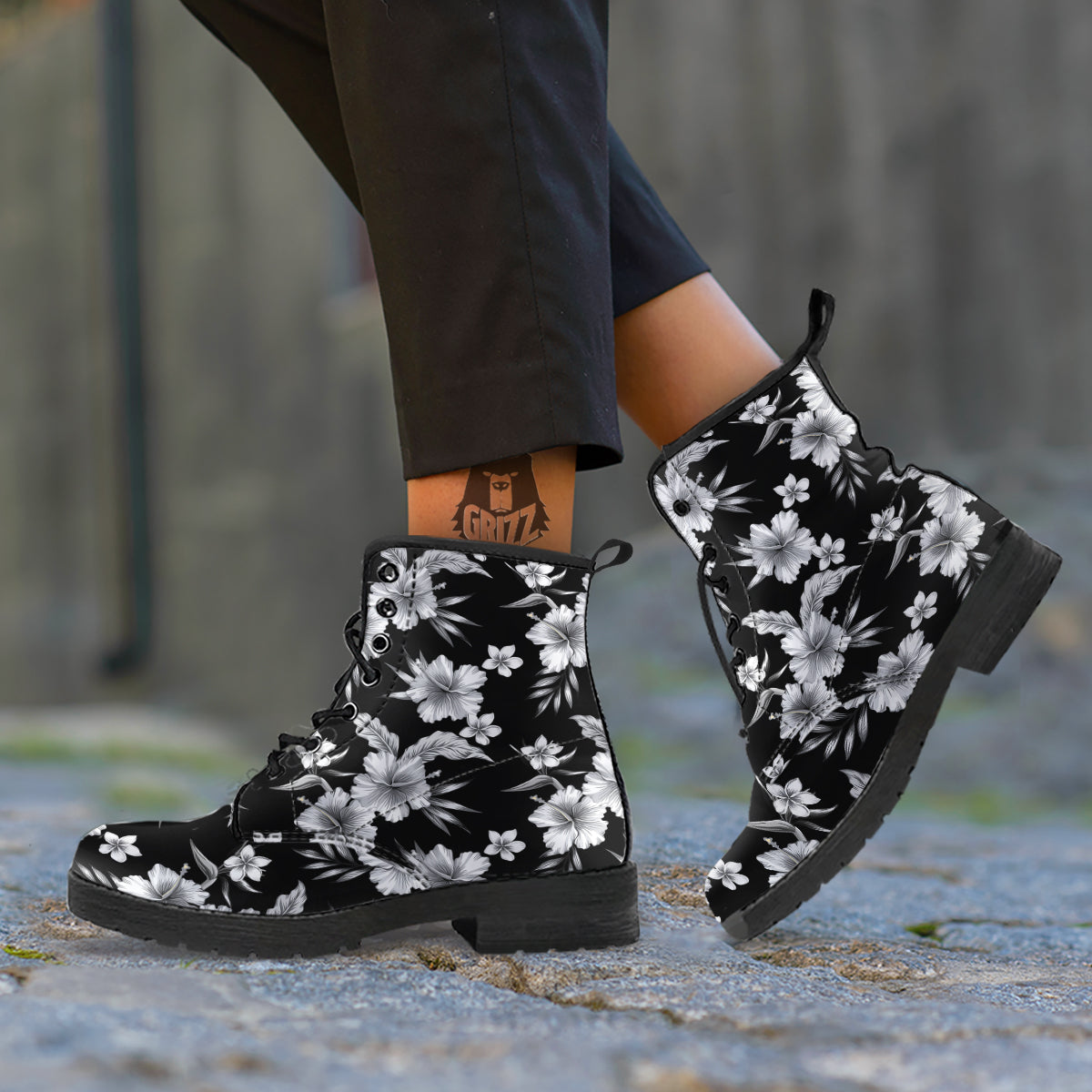 Frangipani White And Black Print Pattern Leather Boots-grizzshop