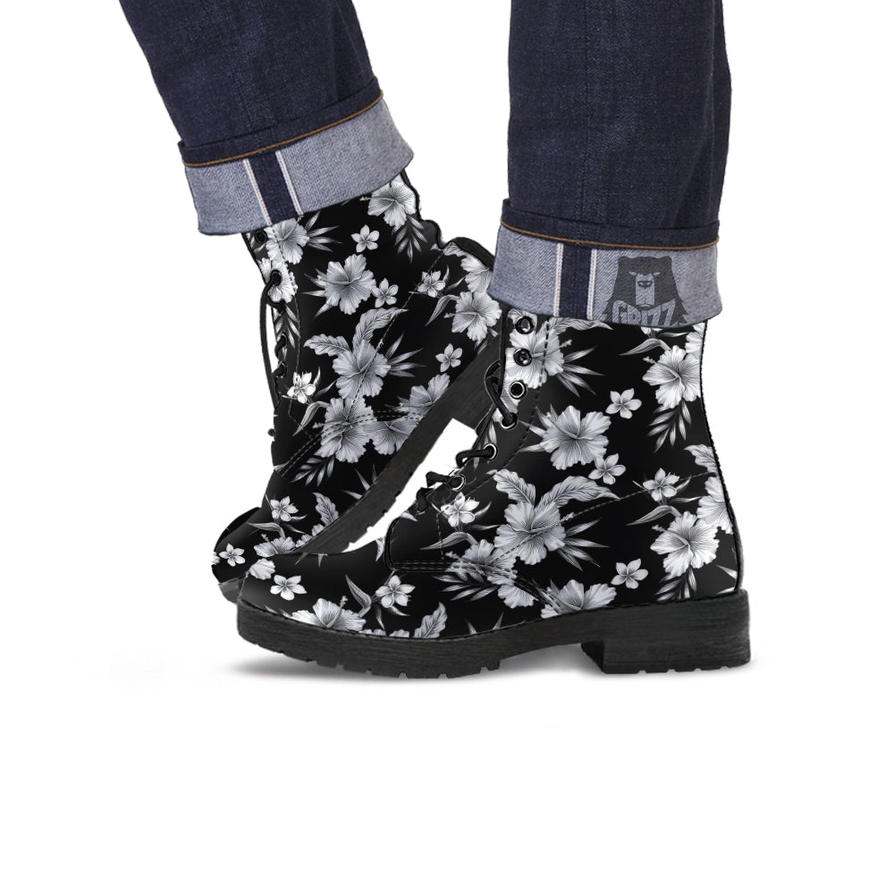 Frangipani White And Black Print Pattern Leather Boots-grizzshop