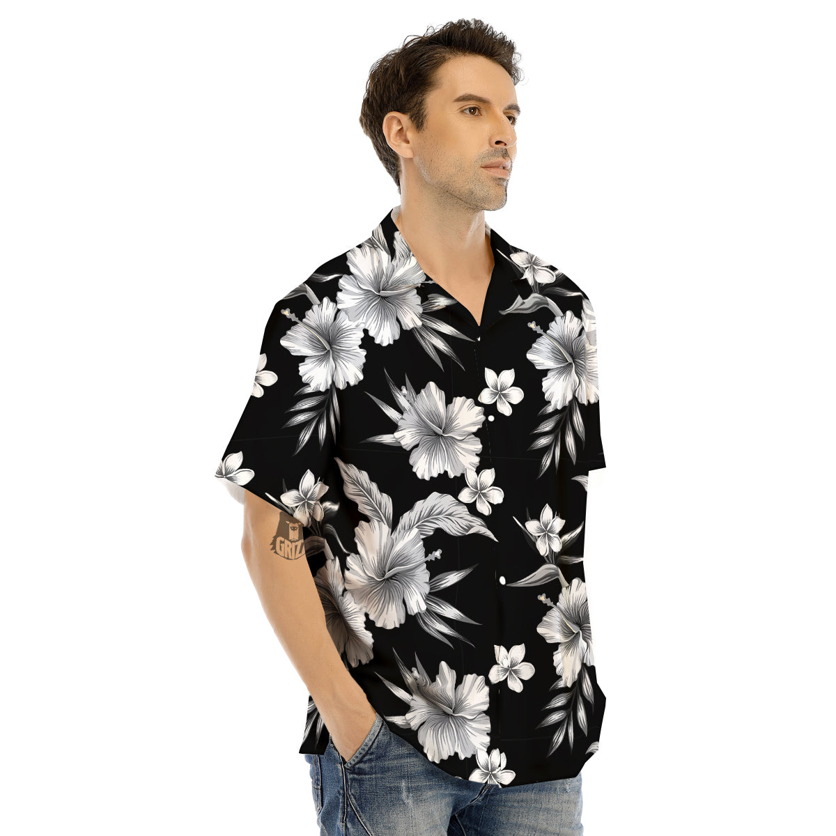 Frangipani White And Black Print Pattern Men's Hawaiian Shirt-grizzshop