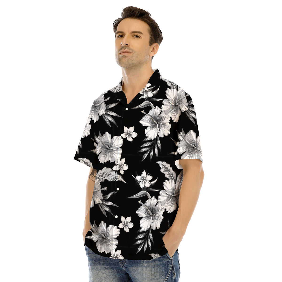 Frangipani White And Black Print Pattern Men's Hawaiian Shirt-grizzshop