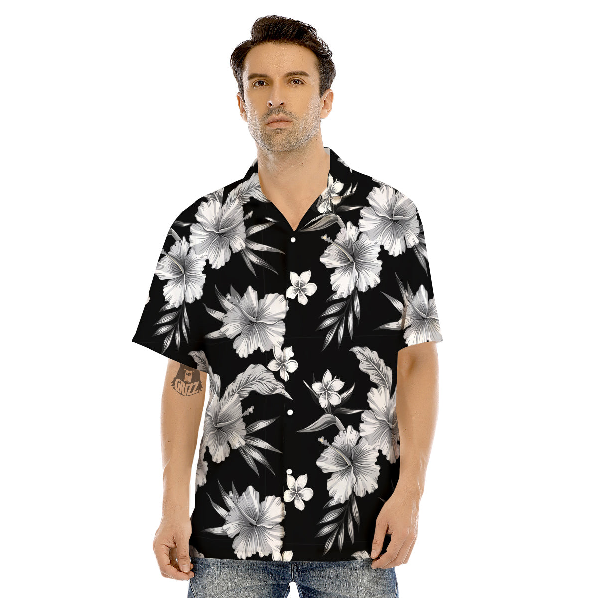Frangipani White And Black Print Pattern Men's Hawaiian Shirt-grizzshop