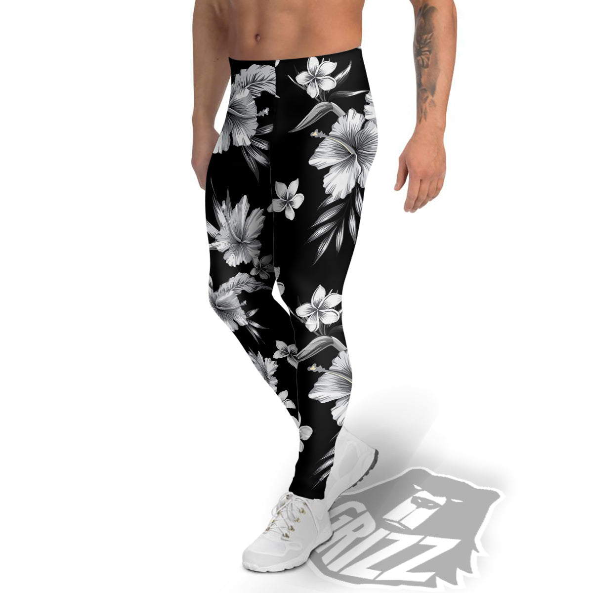 Frangipani White And Black Print Pattern Men's Leggings-grizzshop