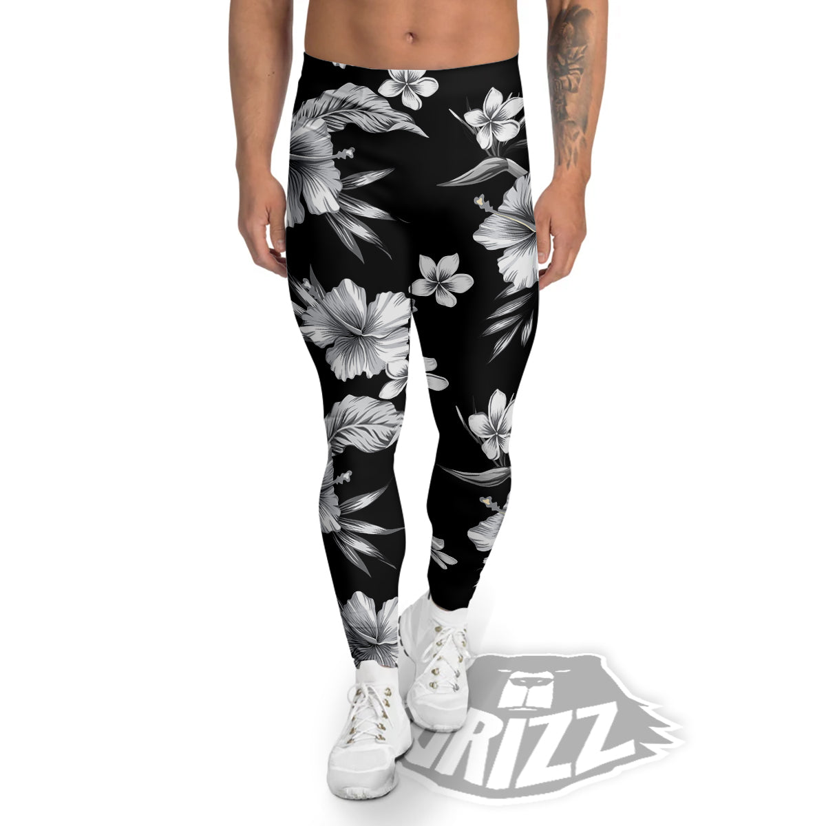 Frangipani White And Black Print Pattern Men's Leggings-grizzshop