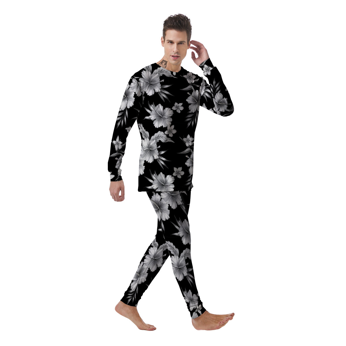 Frangipani White And Black Print Pattern Men's Pajamas-grizzshop