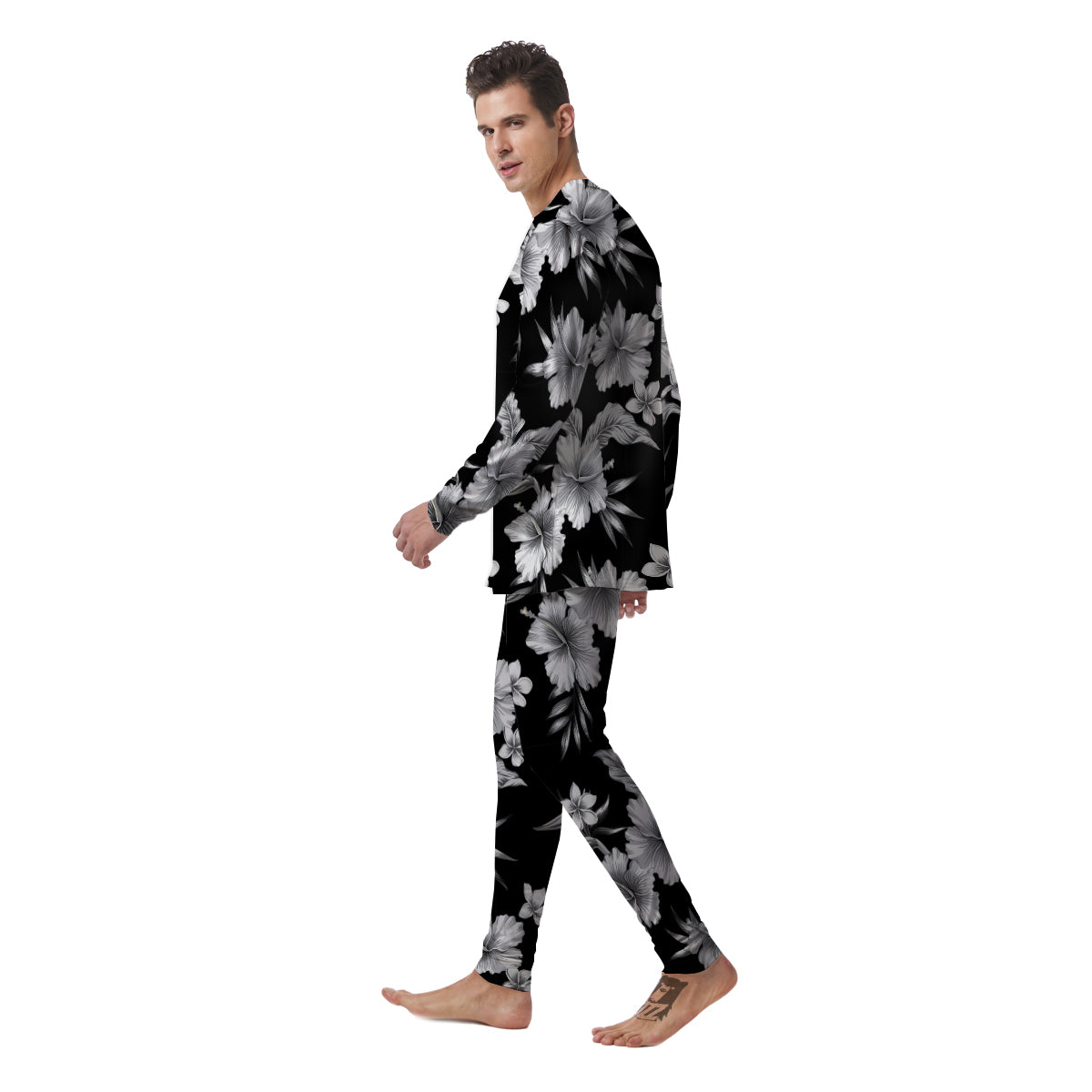 Frangipani White And Black Print Pattern Men's Pajamas-grizzshop