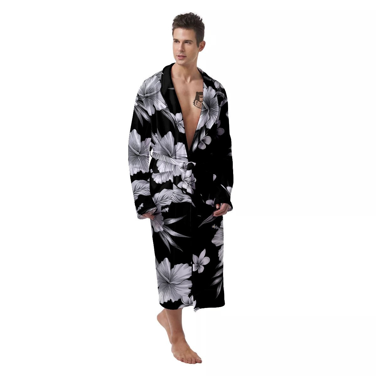 Frangipani White And Black Print Pattern Men's Robe-grizzshop