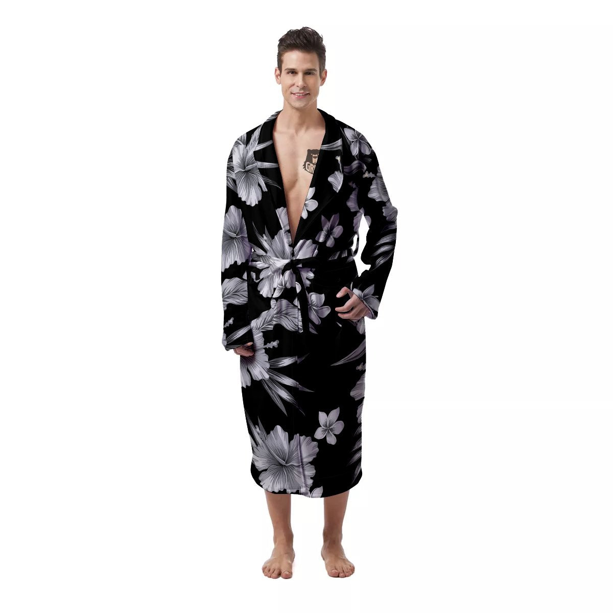 Frangipani White And Black Print Pattern Men's Robe-grizzshop