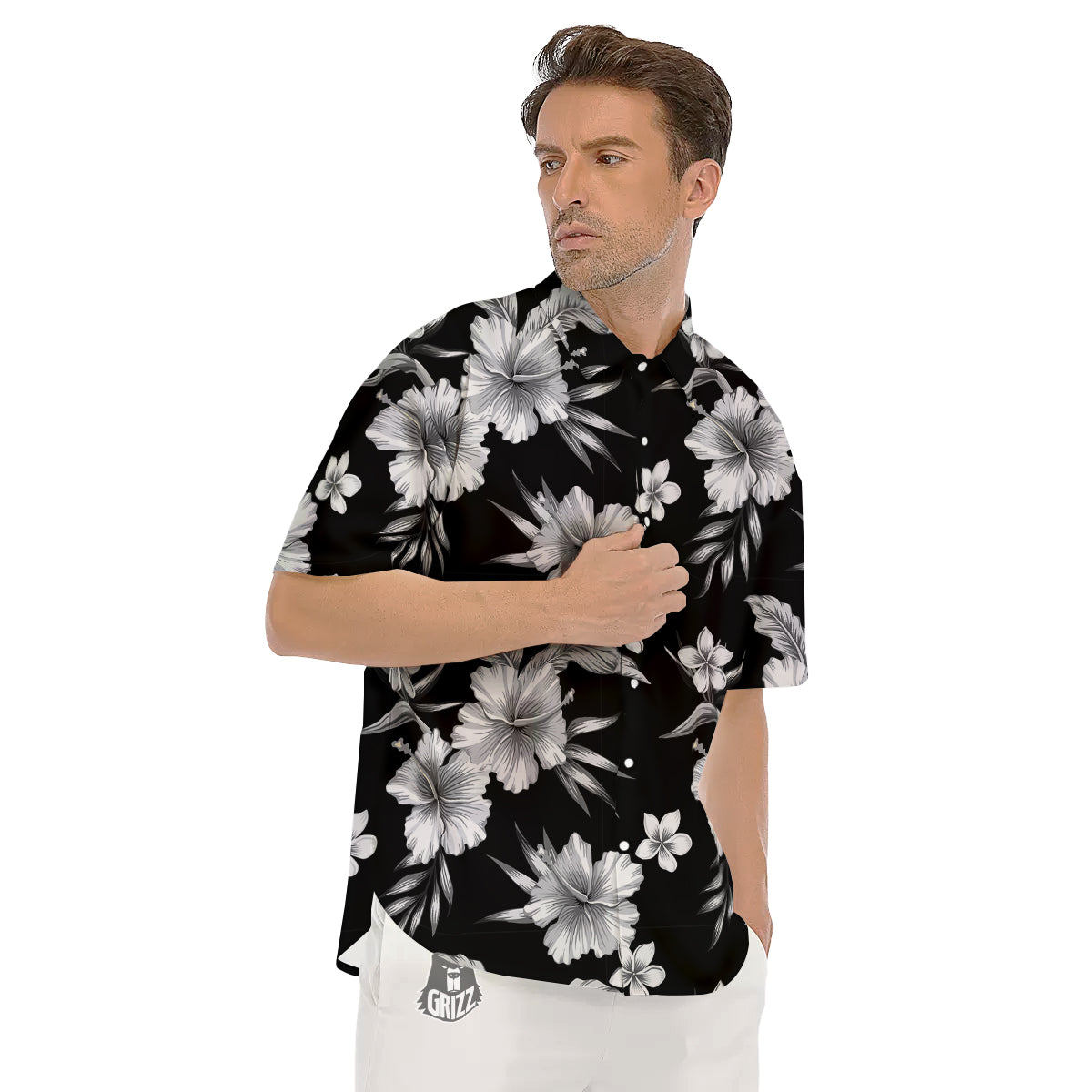 Frangipani White And Black Print Pattern Men's Short Sleeve Shirts-grizzshop