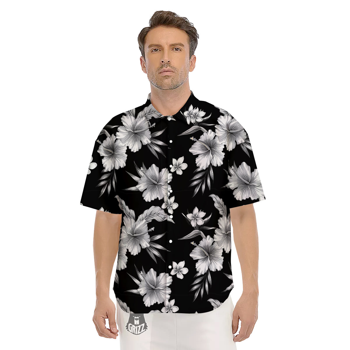Frangipani White And Black Print Pattern Men's Short Sleeve Shirts-grizzshop