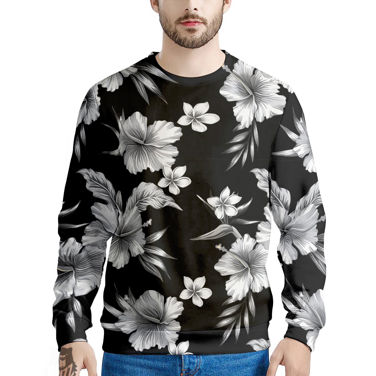 Frangipani White And Black Print Pattern Men's Sweatshirt-grizzshop