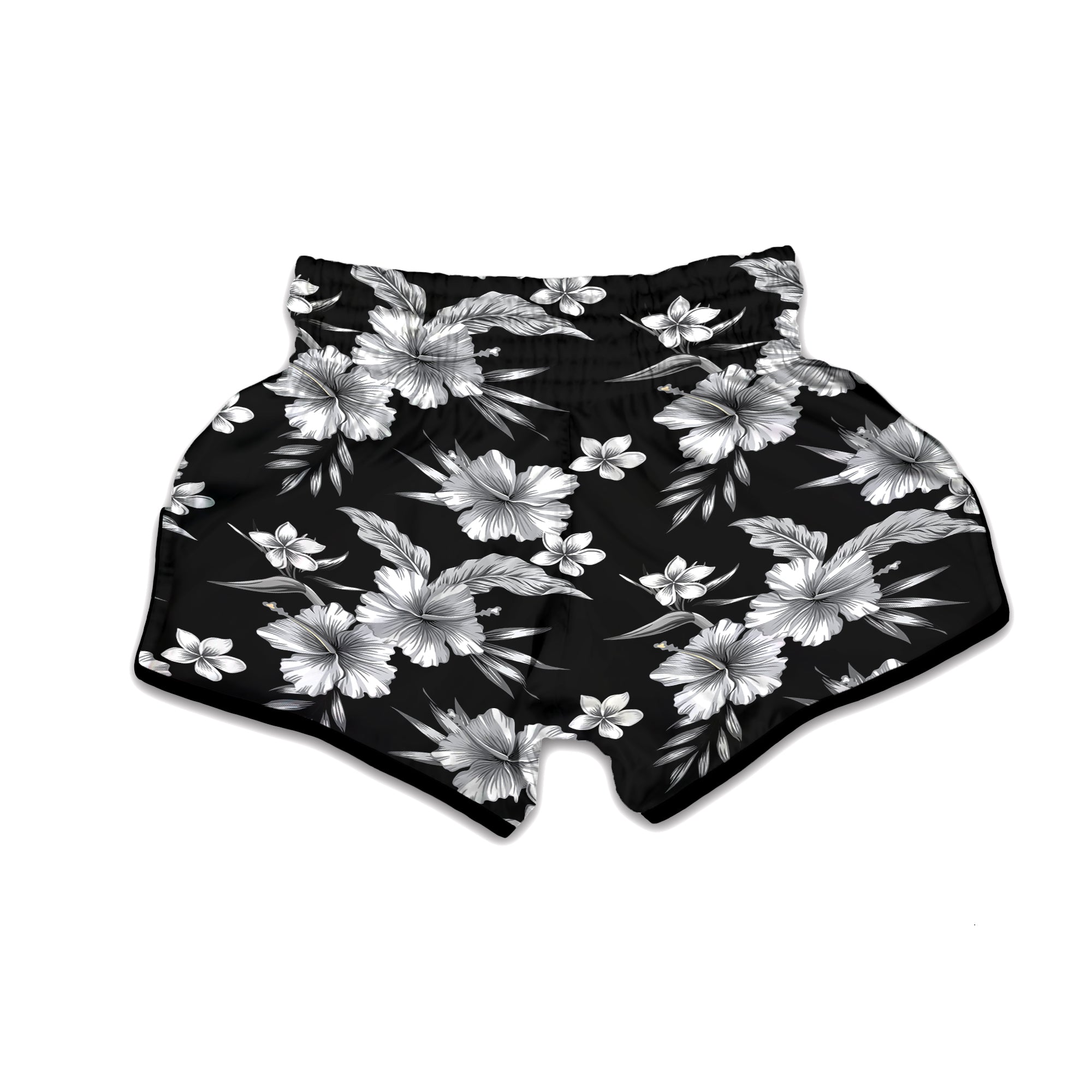 Frangipani White And Black Print Pattern Muay Thai Boxing Shorts-grizzshop