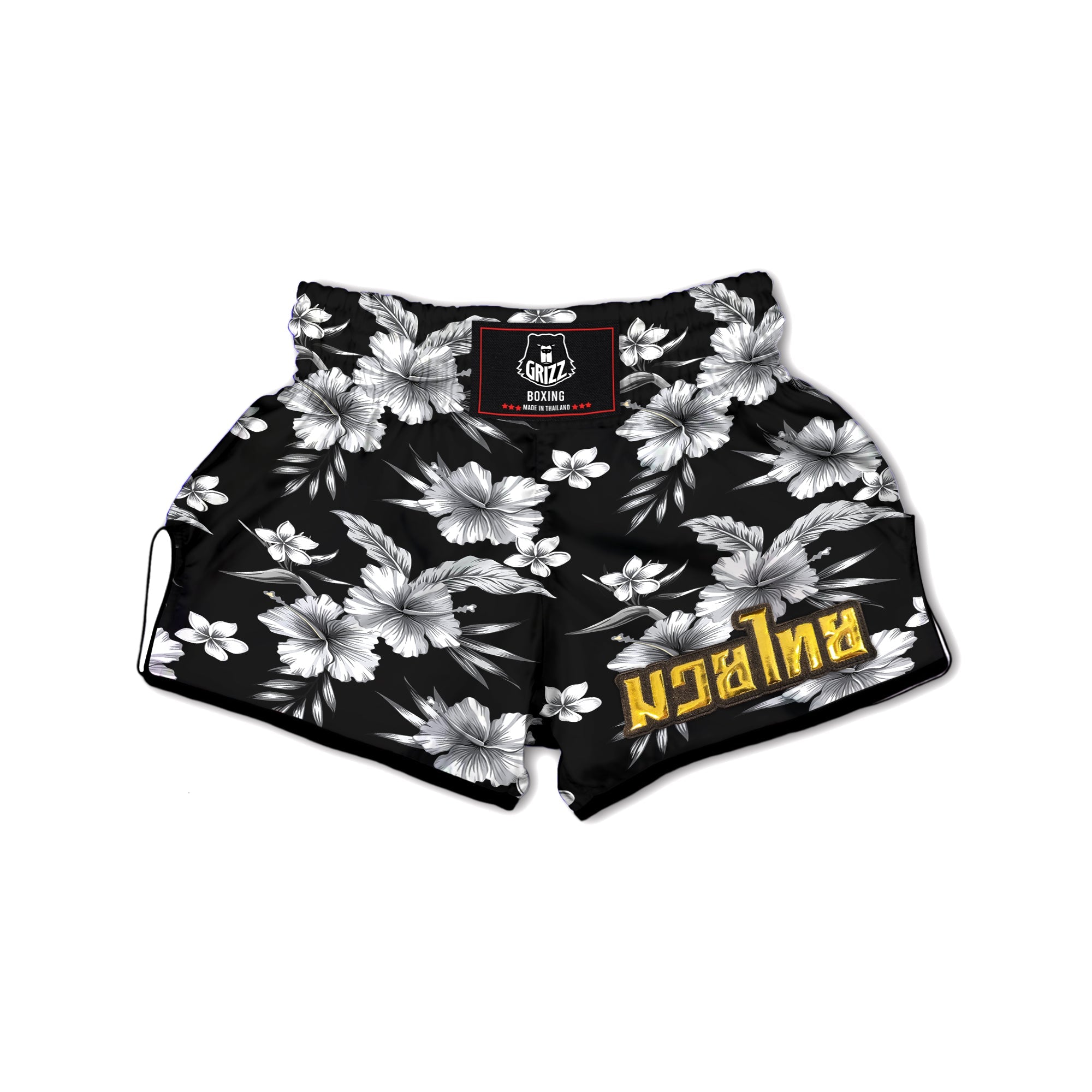 Frangipani White And Black Print Pattern Muay Thai Boxing Shorts-grizzshop