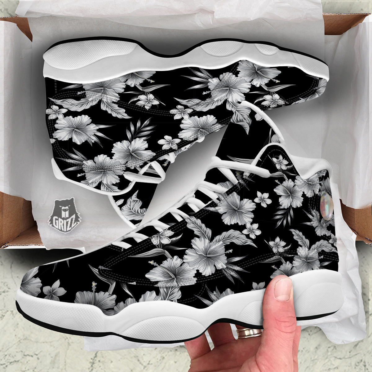 Frangipani White And Black Print Pattern White Basketball Shoes-grizzshop