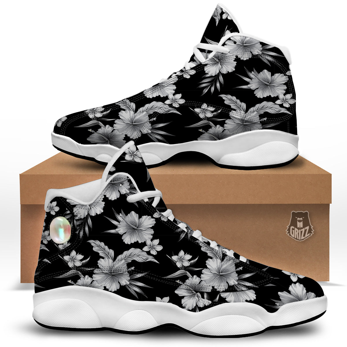 Frangipani White And Black Print Pattern White Basketball Shoes-grizzshop