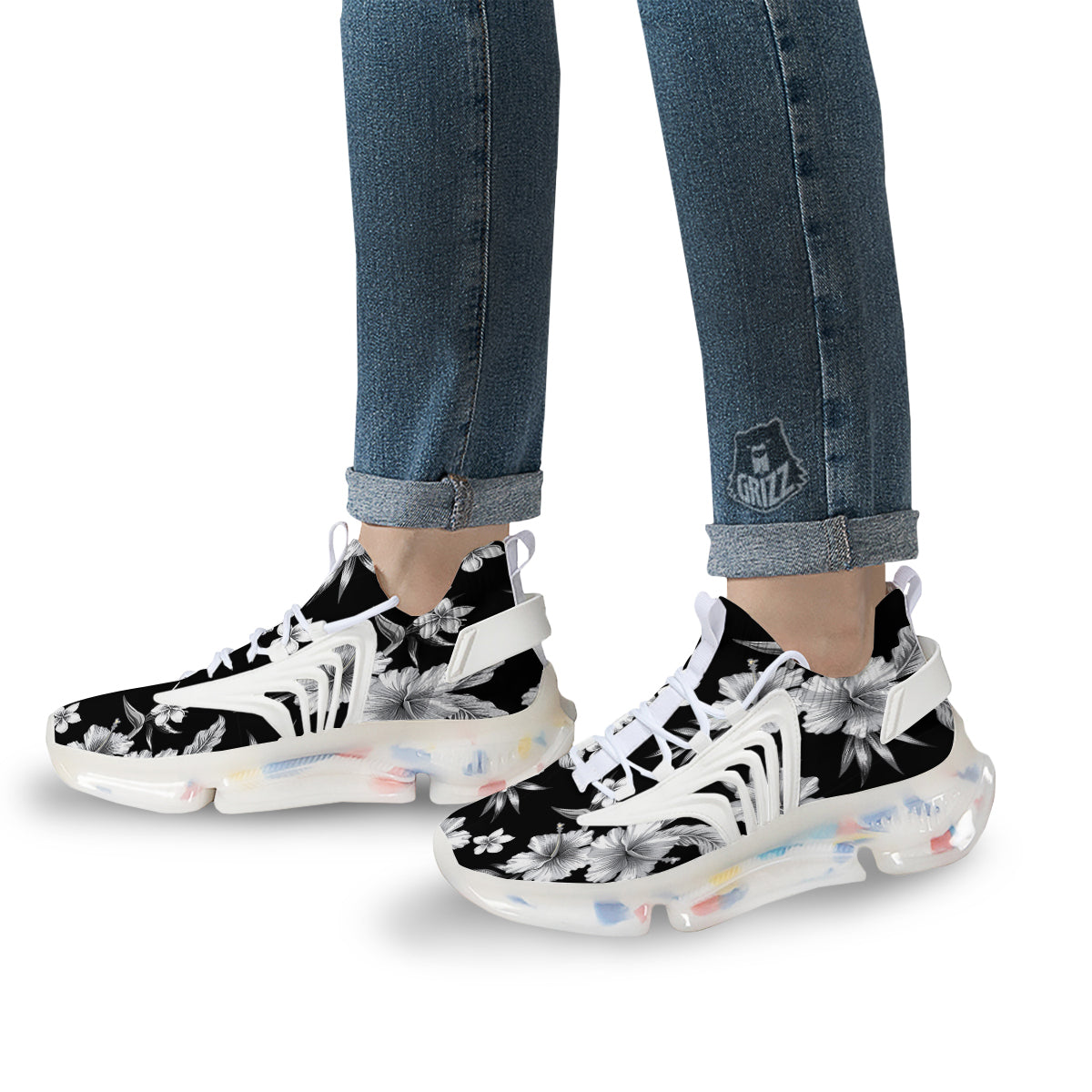 Frangipani White And Black Print Pattern White Gym Shoes-grizzshop