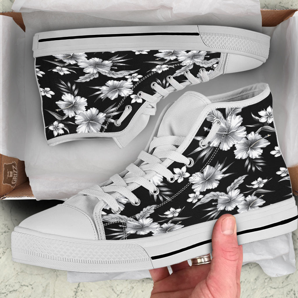 Frangipani White And Black Print Pattern White High Top Shoes-grizzshop